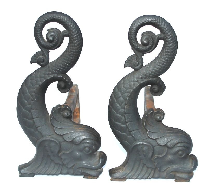 rare pr of Bradley & Hubbard dolphin form andirons: rare pr of Bradley & Hubbard dolphin form andirons featuring well detailed castings in great orig condition - 14" tall