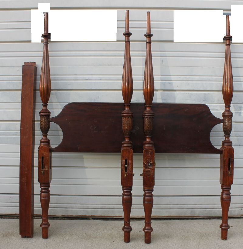 fine & rare period Federal ca 1800 mahogany tall post: fine & rare period Federal ca 1800 mahogany tall post bed featuring wonderful detailed carving, orig rails & headboard - 66" tall