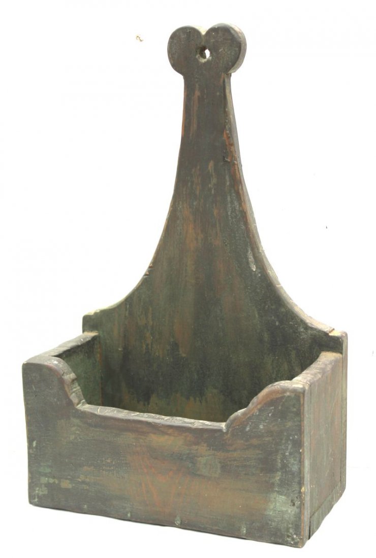 Great form ca 1840 New England pine hanging wall box w: Great form ca 1840 New England pine hanging wall box w tall heart shaped hanger in dry old green over earlier light green paint - 15 1/2" tall x 9 1/2" wide x 4 3/4" deep