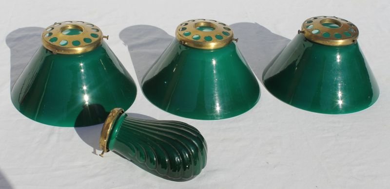 lot of 4 antique green cased glass lamp shades - 2: lot of 4 antique green cased glass lamp shades - 2 marked Austria - 3 at 7 3/4" diam & a 5 1/2" long shell form marked Germany