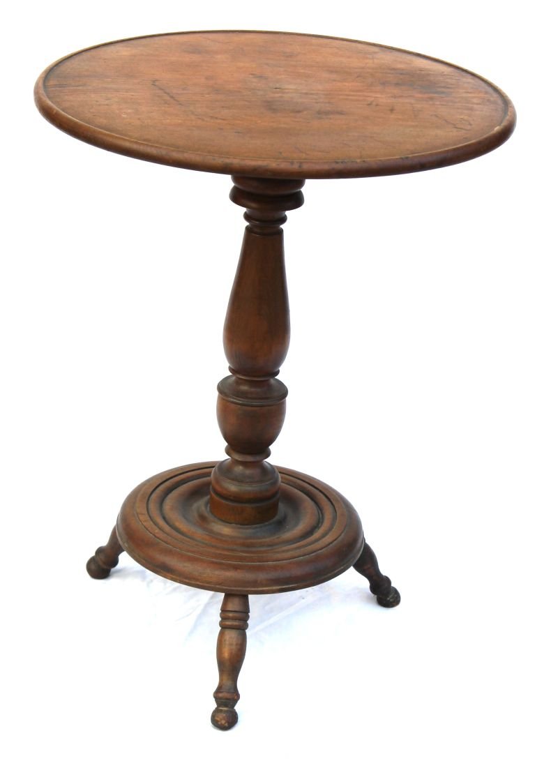 ca 1800-1820 unusual form PA round top candlestand in: ca 1800-1820 unusual form PA round top candlestand in pine & maple w rounded, turned & splayed legs - 27" tall - 20" diam