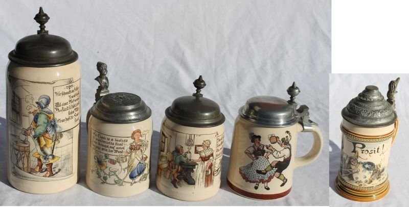 lot of 5 antique German steins incl a Mettlach #2179: lot of 5 antique German steins incl a Mettlach #2179 1/4L & four Villeroy & Boch steins #1526 - three 1/2L & one 1L