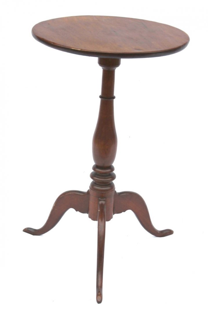 18thC New England mahogany candlestand on desirably: 18thC New England mahogany candlestand on desirably delicate snake legs - as found - 17" round top