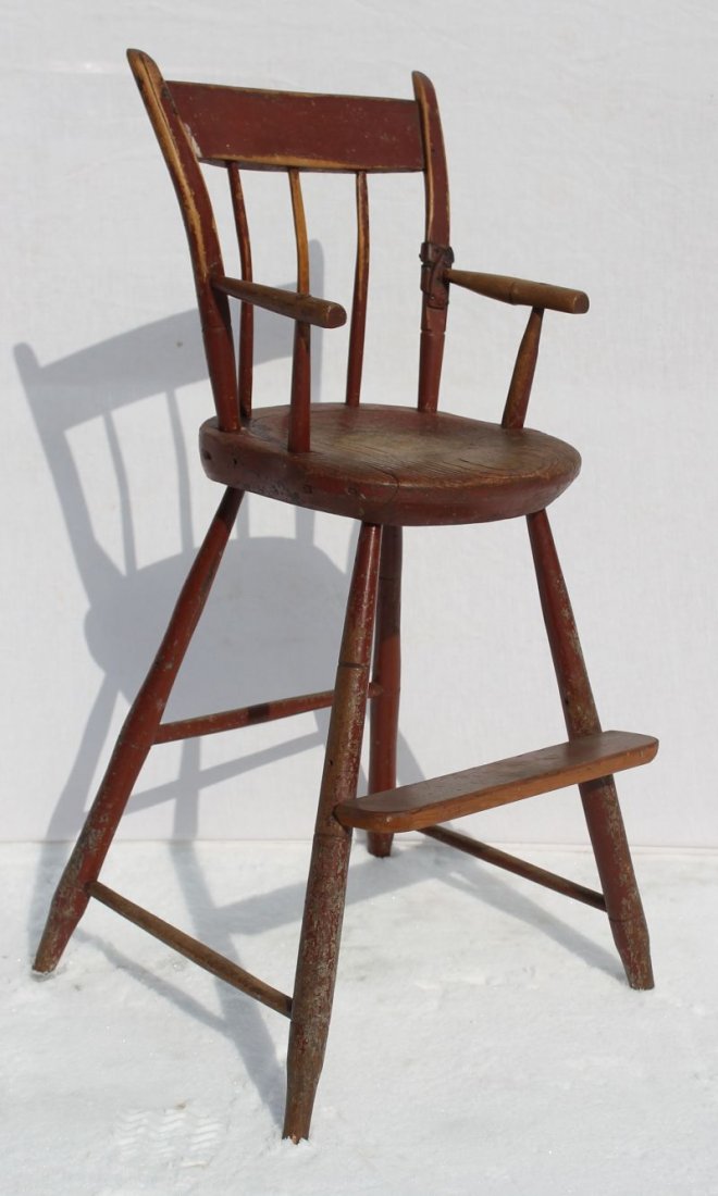 early 19thC New England Windsor thumb back maple youth: early 19thC New England Windsor thumb back maple youth chair in orig red paint - 37 1/4" tall