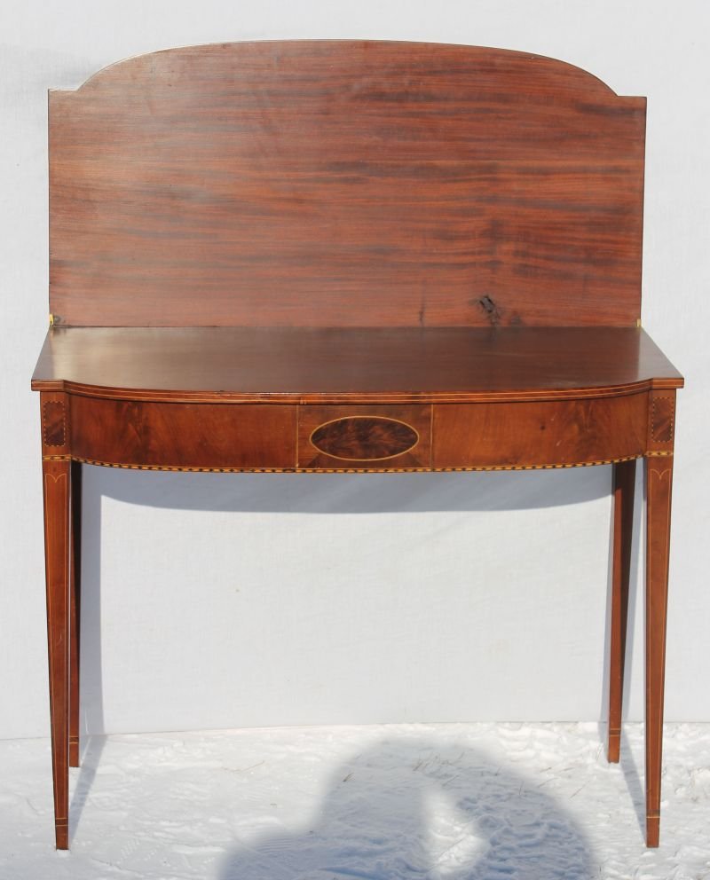 Fine Hepplewhite period ca 1790 mahog & satinwood: Fine Hepplewhite period ca 1790 mahog & satinwood inlaid card table attrib to Joseph Short of Newburyport, MA - 36" wide