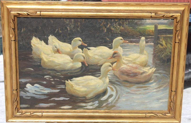 Franz Krupp (19thC European) very well done 18”x28” o/c: Franz Krupp (19thC European) very well done 18”x28” o/c ducks on a pond in fine vintage J.H. Miller frame