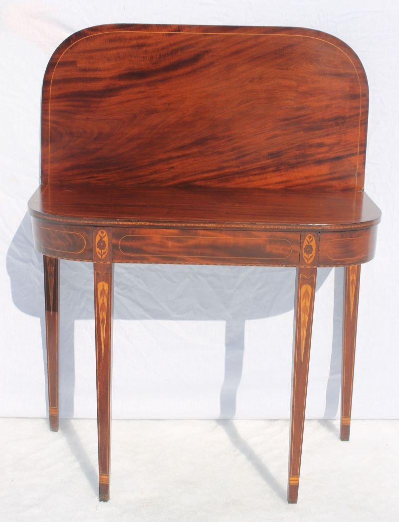 period Hepplewhite ca 1805 North Carolina mahog tapered: period Hepplewhite ca 1805 North Carolina mahog tapered leg card table featuring beautiful shell inlaid top & cotton flower inlaid legs (yellow pine & poplar secondary wood) - 34 1/2" wide