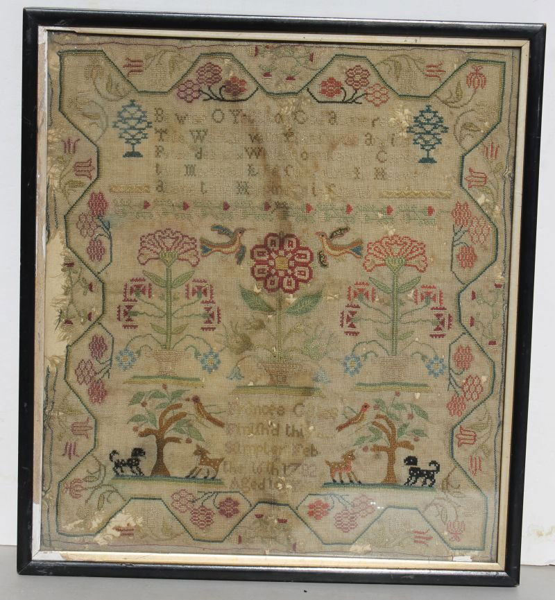 dated 1782 pictoral & verse sampler - 14 1/2" x 13": dated 1782 pictoral & verse sampler - 14 1/2" x 13" (descended in Ballantine Ale Family)