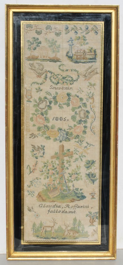 Dated 1805 elongated form pictoral sampler in old lemon: Dated 1805 elongated form pictoral sampler in old lemon wash frame w reverse painted mat - overall size is 32" x 14" - descended in Ballantine Ale Family