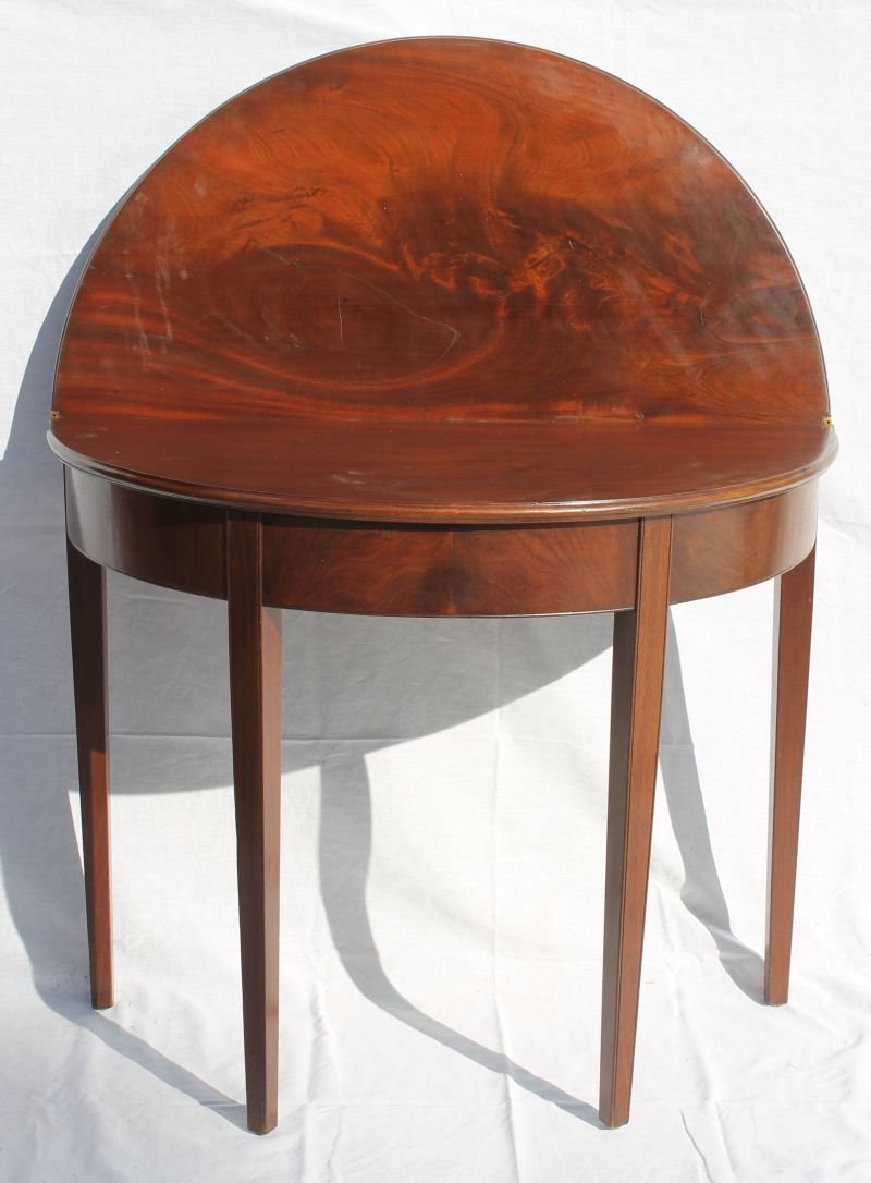 Period Hepplewhite ca 1805 mahog fine quality demi-lune: Period Hepplewhite ca 1805 mahog fine quality demi-lune card table w molded edge - 29 1/4" tall x 34" wide