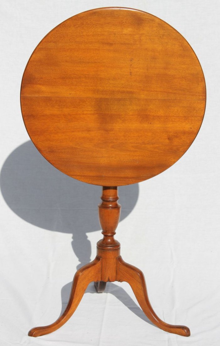 18thC QA period maple tilt top snake ft candlestand w: 18thC QA period maple tilt top snake ft candlestand w 21 1/2" diam round top