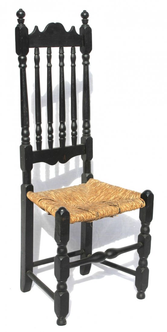 Fine ca 1740 Eastern MA cant back bannister back maple: Fine ca 1740 Eastern MA cant back bannister back maple & ash side chair in untouched old balck paint w full height & no restoration - 45" tall x 17" seat height