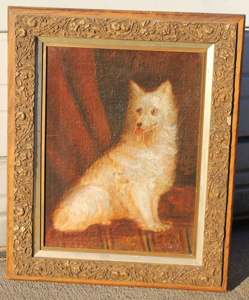 sgnd Lars 16x12 o/c of a white dog in vintage carved: sgnd Lars 16x12 o/c of a white dog in vintage carved frame