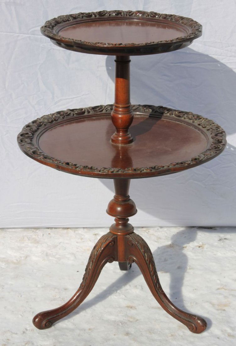 custom mahog 2 tier pie crust table on tripod snake ft: custom mahog 2 tier pie crust table on tripod snake ft carved leg base - 32" tall