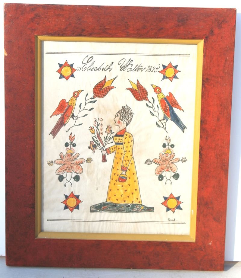 Joan Raad ca 1970's Fraktur style w/c after a design by: Joan Raad ca 1970's Fraktur style w/c after a design by Rev Henry Young in 1825 titled "Elizabeth Walter 1825" - image size 7 1/2" x 6 1/2"