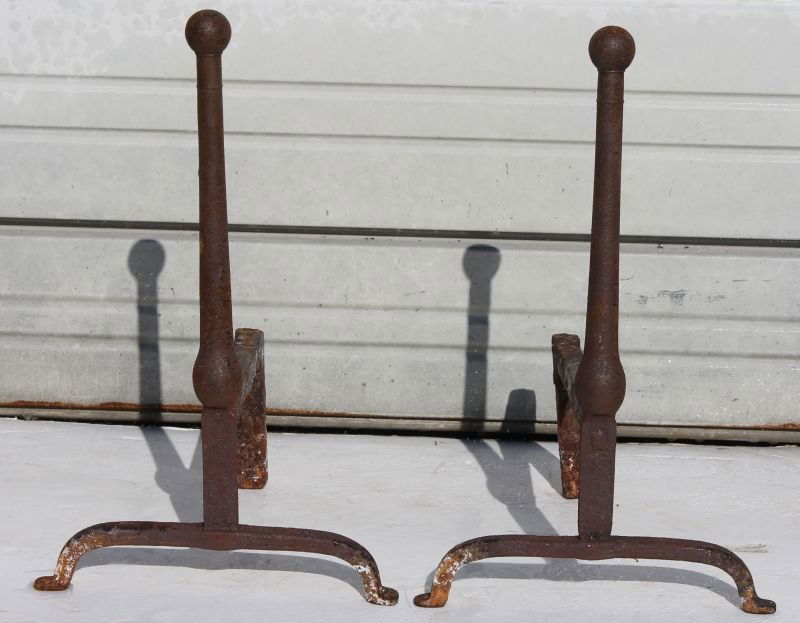 pr of very early ca 1730 Rhode Island country iron: pr of very early ca 1730 Rhode Island country iron andirons w bulbous uprights & ball finials - 19 1/4" tall