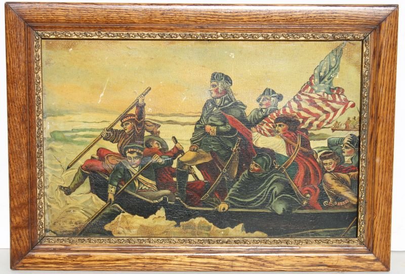 9"x14" o/bd antique folk art painting of George: 9"x14" o/bd antique folk art painting of George Washington crossing the Delaware