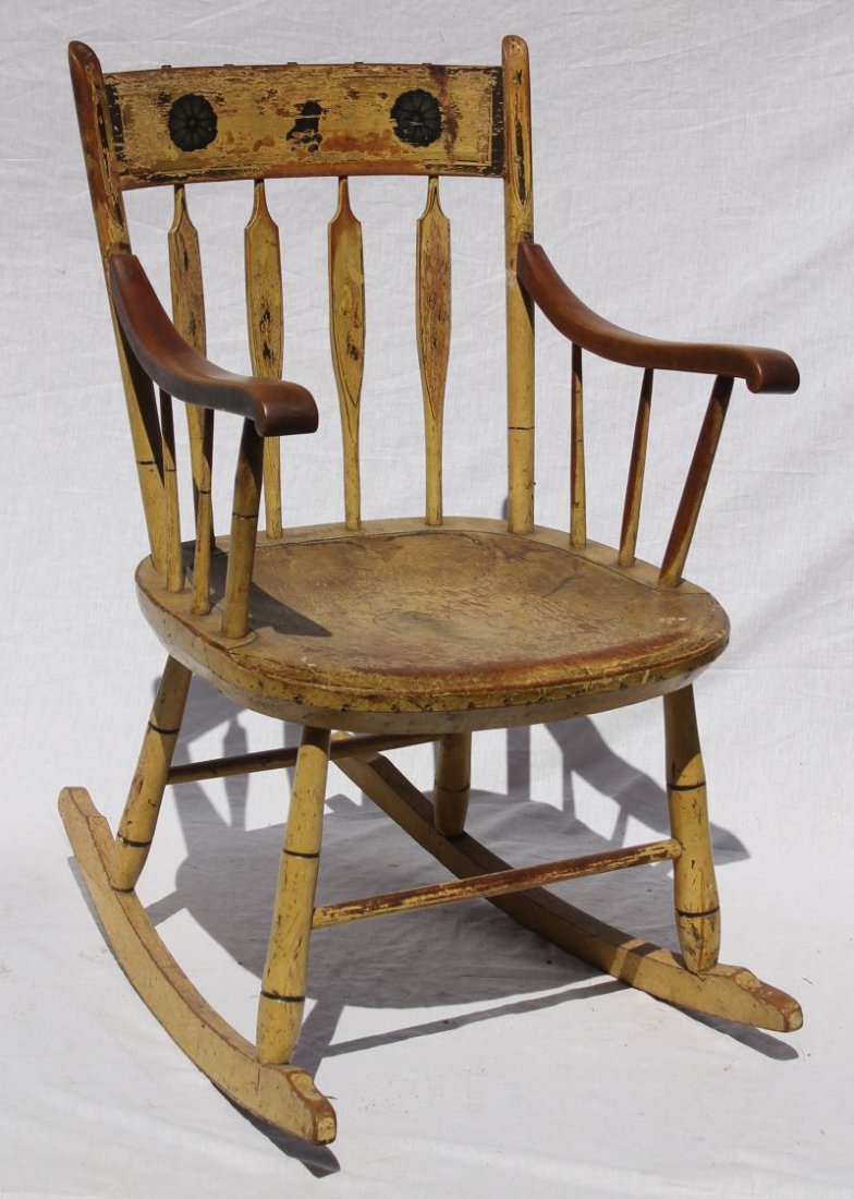 antique Hitchcock thumbback rocker in yellow paint w: antique Hitchcock thumbback rocker in yellow paint w black & gray stencil decoration - 34 1/2" tall