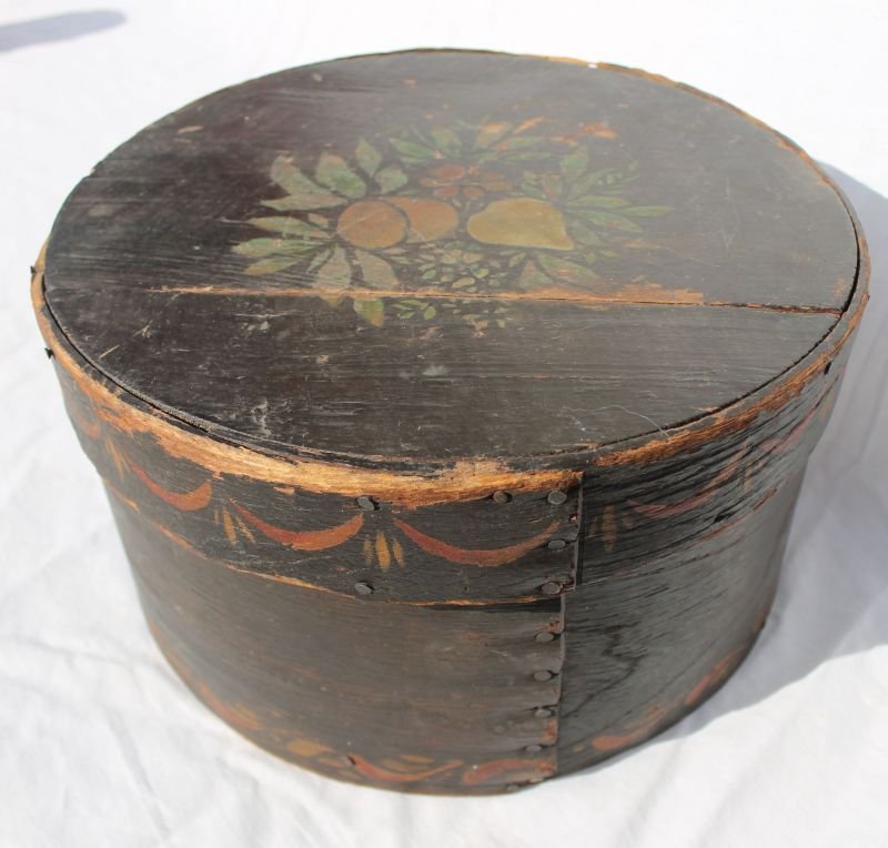 19thC pantry box w geometric dec & free hand painted: 19thC pantry box w geometric dec & free hand painted swags on lid - 12" diam x 6 3/4" tall
