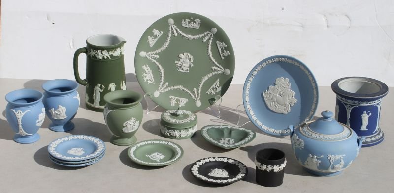 lot of 18pcs of Wedgwood Jasperware incl 6 1/4": lot of 18pcs of Wedgwood Jasperware incl 6 1/4" pitcher, biscuit barrel base (no lid), plates, vases, etc