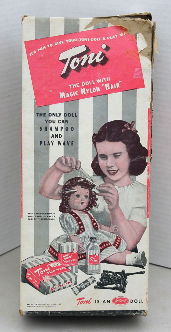 ca 1949 Ideal "Toni - The Doll with Magic Nylon Hair" -: ca 1949 Ideal "Toni - The Doll with Magic Nylon Hair" - in orig box w curlers, play wave shampoo & perm solution, sunglasses & extra clothes - 14" tall - as found