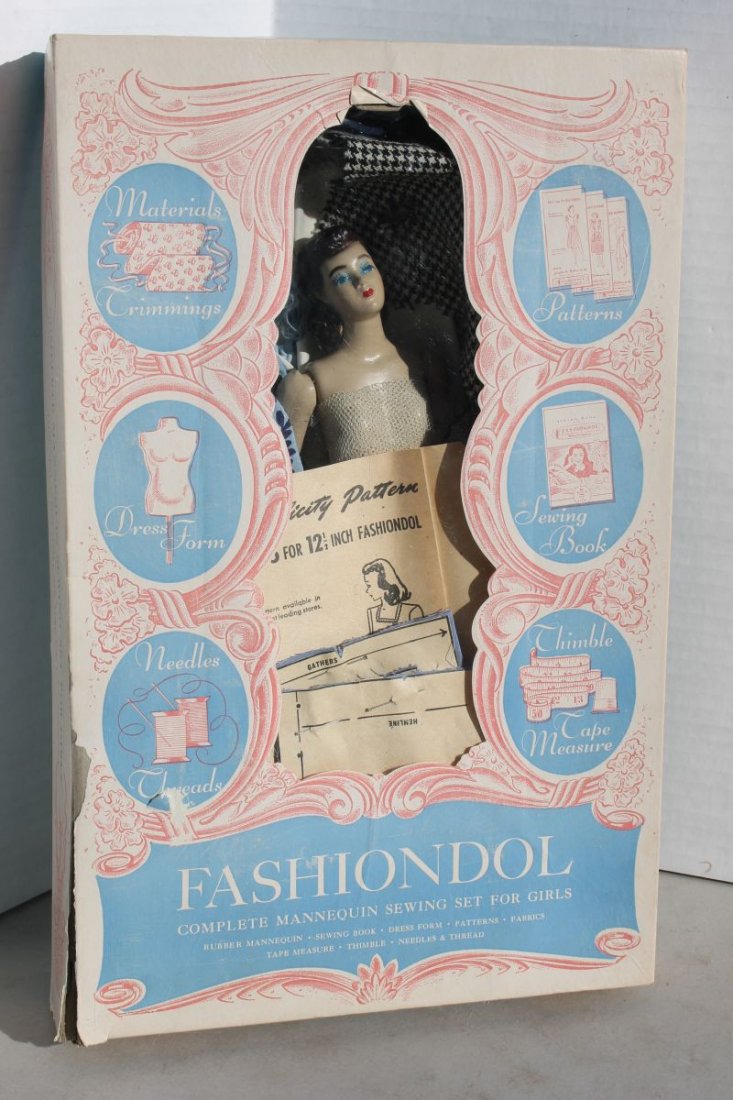 ca 1940's "Fashiondol" complete mannequin sewing set: ca 1940's "Fashiondol" complete mannequin sewing set for girls w composition doll in orig box - Interesting example of WWII era American doll making as German sources were no longer available