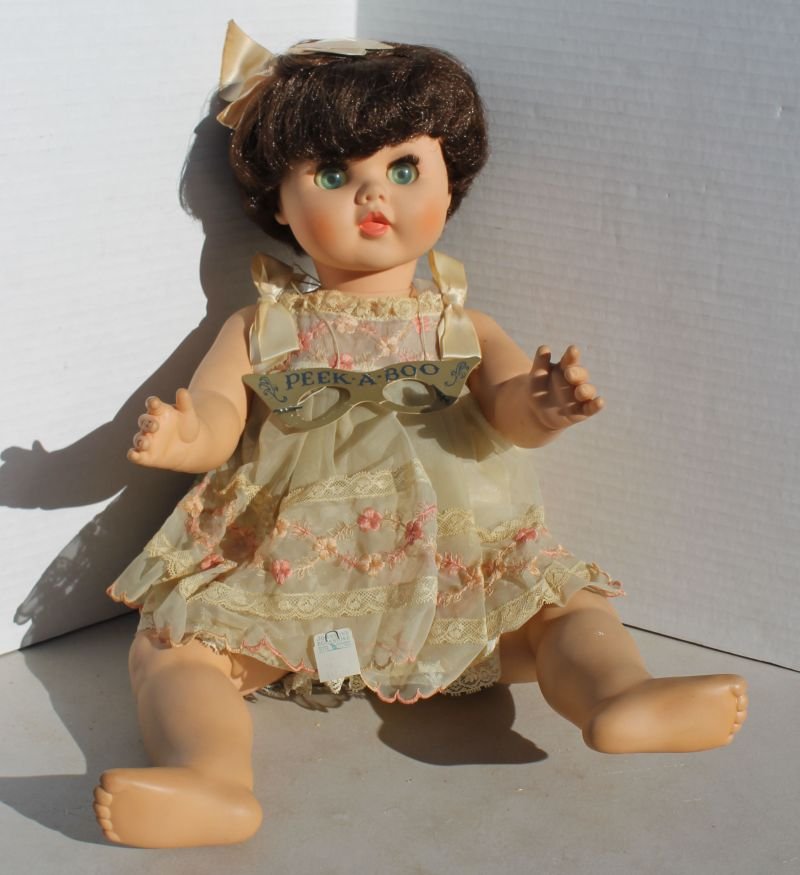 ca 1960's vinyl doll w "peek-a-boo" glasses & fancy: ca 1960's vinyl doll w "peek-a-boo" glasses & fancy dress - 22" tall