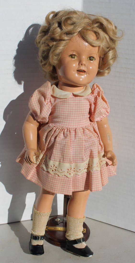ca 1940's Ideal composition "Shirley Temple" doll w: ca 1940's Ideal composition "Shirley Temple" doll w sleep eyes - redressed - split over right eye & missing right thumb - (as is)