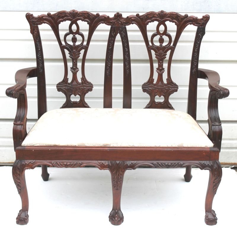 Chippendale style carved mahogany doll's settee - 28": Chippendale style carved mahogany doll's settee - 28" wide x 26" tall