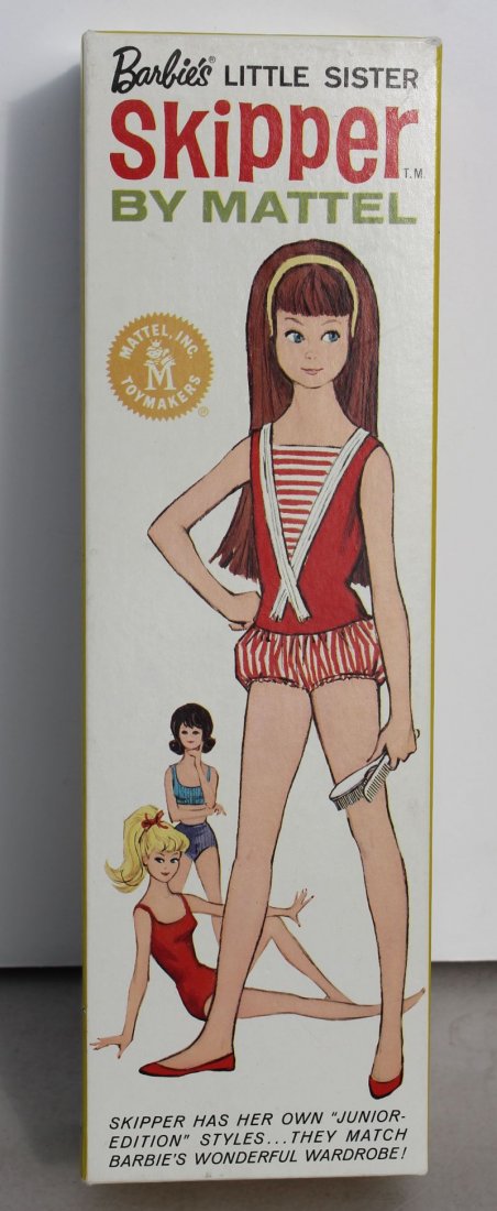 ca 1963 Mattel "Barbie's Little Sister Skipper" doll -: ca 1963 Mattel "Barbie's Little Sister Skipper" doll - in orig box - missing shoes & hairband