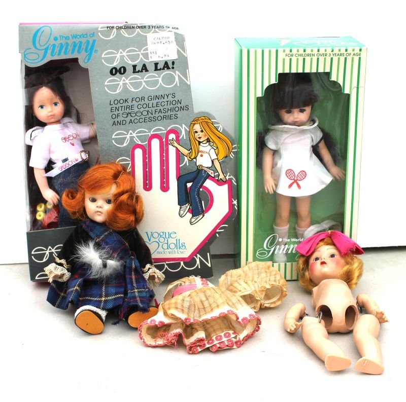 4 pc lot of "Ginny" dolls incl a ca 1978 "Vogue" tennis: 4 pc lot of "Ginny" dolls incl a ca 1978 "Vogue" tennis player in box, a ca 1981 Vogue rollerskater in box, ca 1950's in tartan dress & a ca 1950's hard plastic Vogue that needs to be restrung