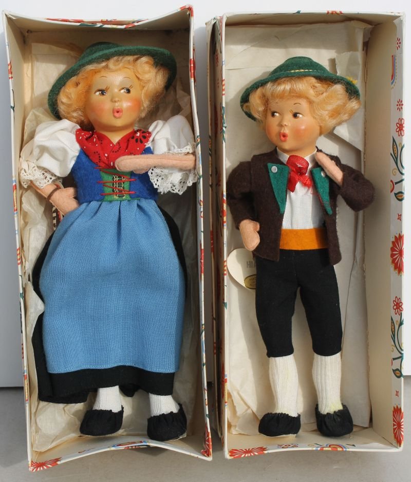 pr of ca 1930's-40's Austrian Baitz Dolls all orig in: pr of ca 1930's-40's Austrian Baitz Dolls all orig in boxes - 9" tall