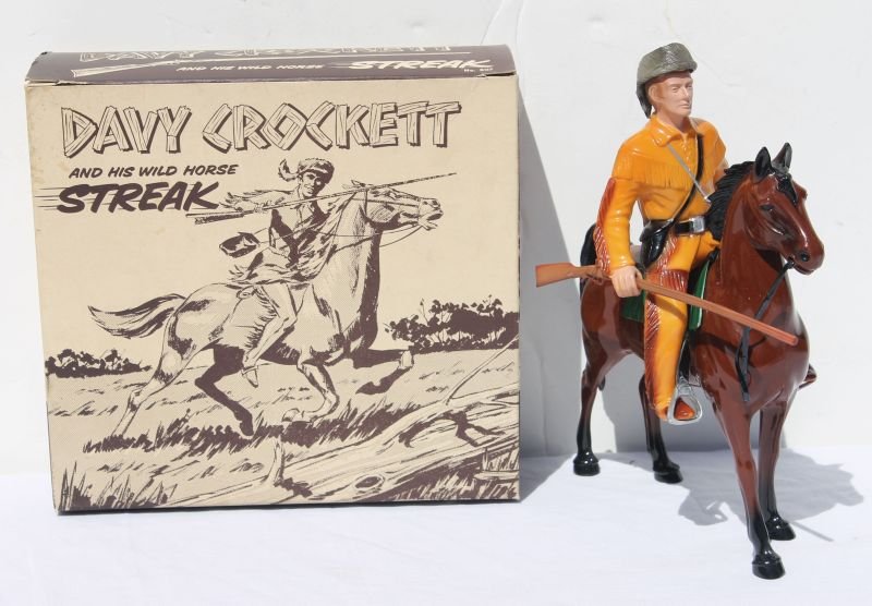 Hartland #807 "Davey Crocket and his wild horse Streak": Hartland #807 "Davey Crocket and his wild horse Streak" in rare orig box complete w saddle, coon skin cap & rifle