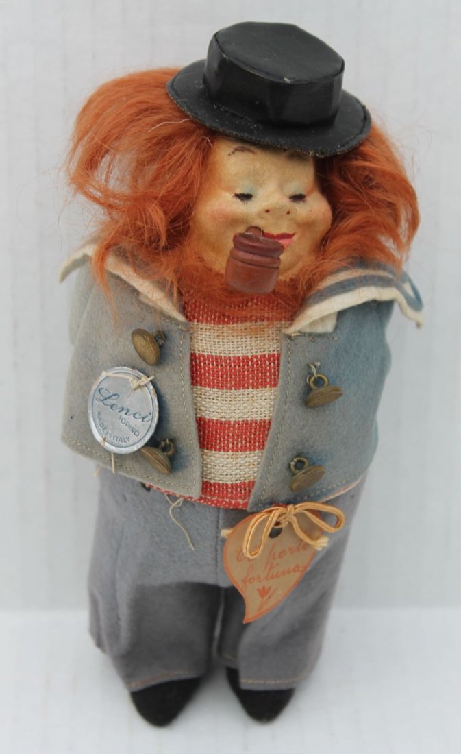 ca 1930's unusual tagged Lenci miniature sailor doll w: ca 1930's unusual tagged Lenci miniature sailor doll w rooted mohair wig - retains pipe & hat - outfit slightly faded - 7 1/4" tall