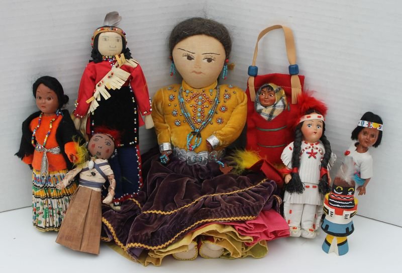 lot of 6 ca 1950's Native American Navajo cloth dolls: lot of 6 ca 1950's Native American Navajo cloth dolls incl a Corn Doll (male), Papoose (Skookum type), 3 "Tourist" dolls (2 plastic & 1 bisque) & a mini Kachina