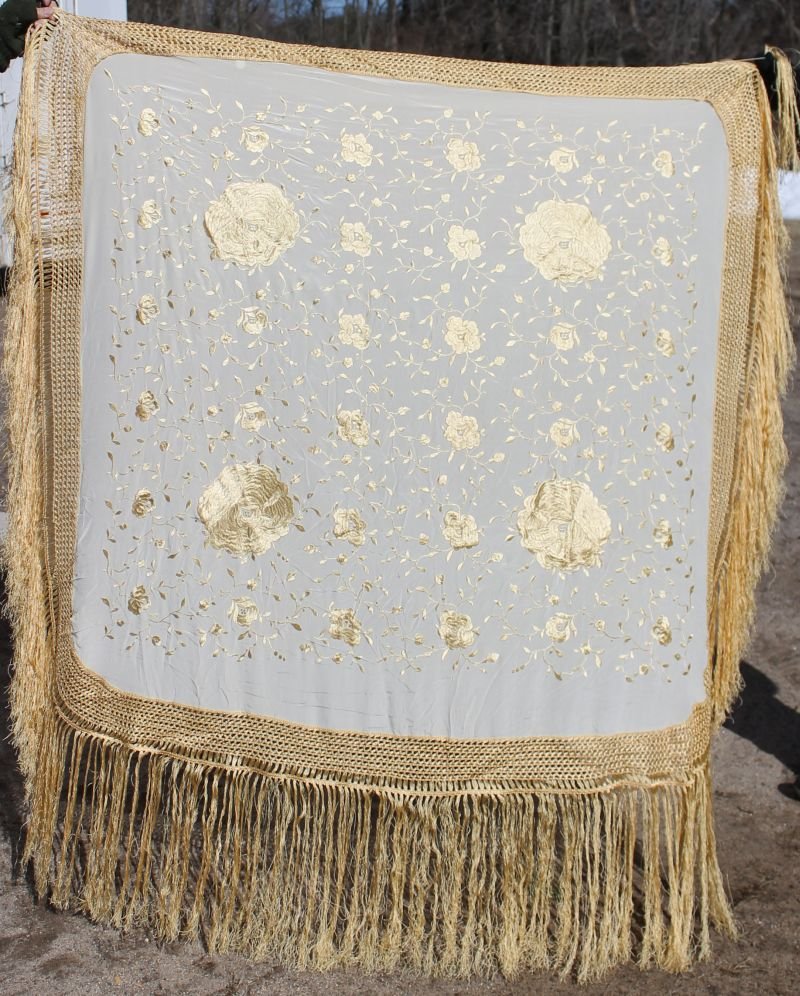 antique Chinese silk piano shawl w gold colored silk: antique Chinese silk piano shawl w gold colored silk threaded dec - silk is 4'x4' - overal with fringe is 6'x6'