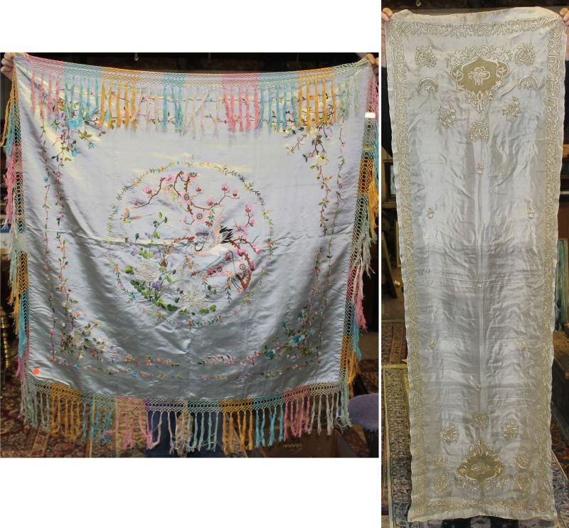 lot of 2 antique silks - Chinese 4 1/2' square w multi: lot of 2 antique silks - Chinese 4 1/2' square w multi color floral dec & a Middle Eastern 23"x70" table runner