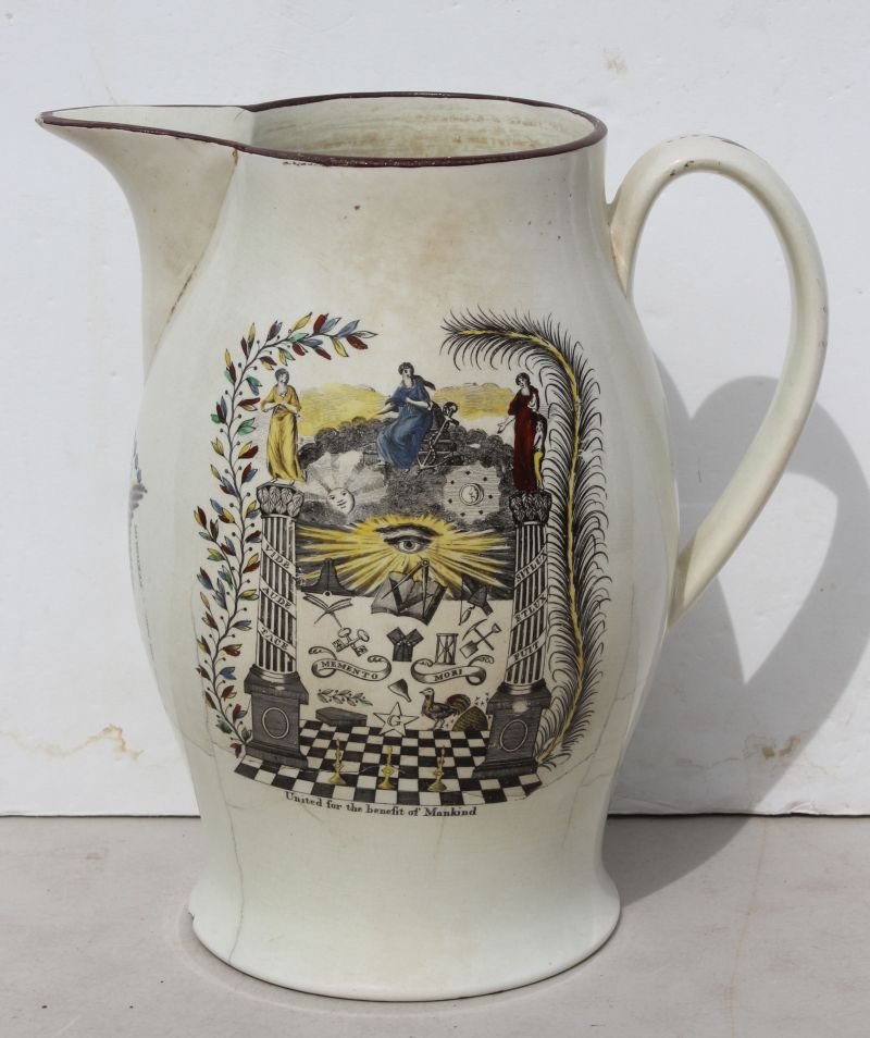 dated 1804 large Liverpool jug w Masonic motif, etc -: dated 1804 large Liverpool jug w Masonic motif, etc - 11" tall - intact but with hairlines & chips