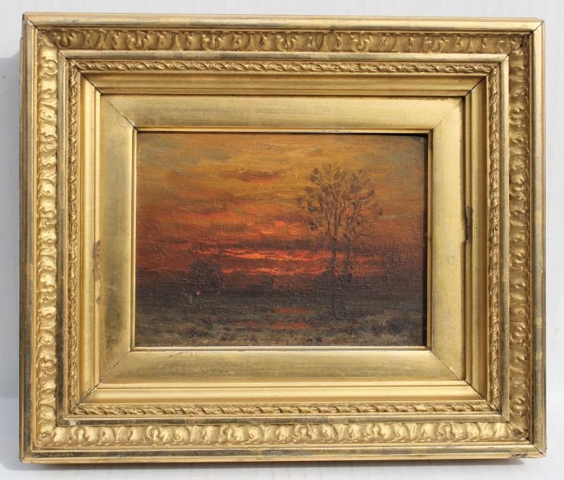 John Joseph Enneking (1841-1916) 4 1/2" x 6" o/bd very: John Joseph Enneking (1841-1916) 4 1/2" x 6" o/bd very luminous Sunset Landscape w village background dtd 1876 - has another oil painting on verso which looks to be the same hand titled "Winter Solsti