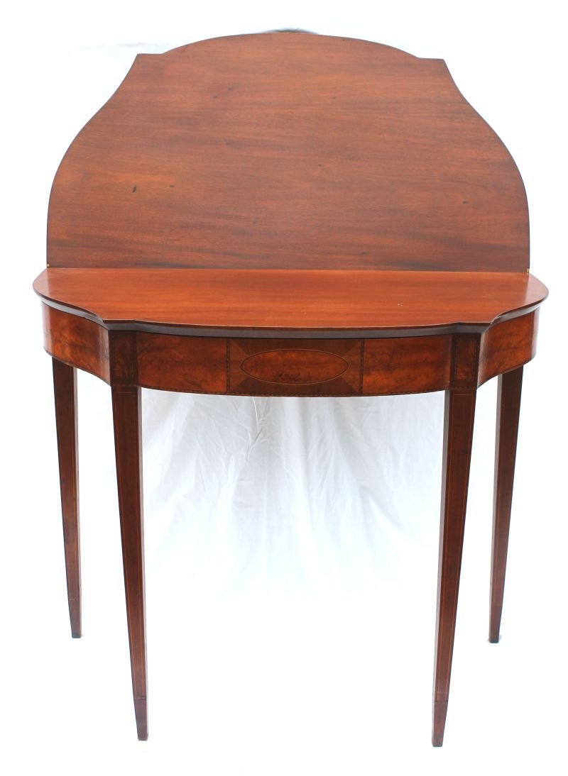 fabulous form period Hepplewhite ca 1790's Boston: fabulous form period Hepplewhite ca 1790's Boston carved mahog & satinwood inlaid card table attrib to Elisha Tucker featuring a semi elliptical front & 1/2 serpentine sides - 35 1/2" wide