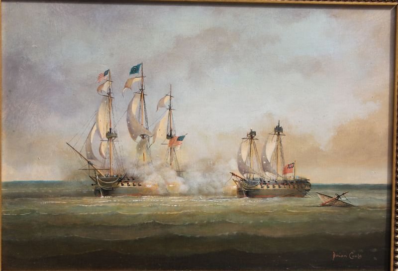 Fine Brian Coole 12"x17" o/panel depicting the War of: Fine Brian Coole 12"x17" o/panel depicting the War of 1812 sea battle between the US Constitution & the Guerriere