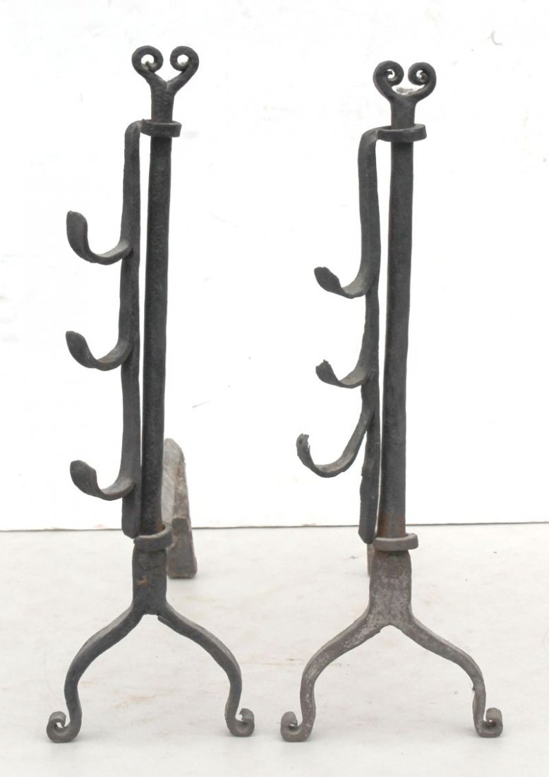 rare pr of 18thC American forged iron andirons w heart: rare pr of 18thC American forged iron andirons w heart motif finials & rare revolving skewer holders - ex: Lillian Blankley Cogan collection - 19" tall