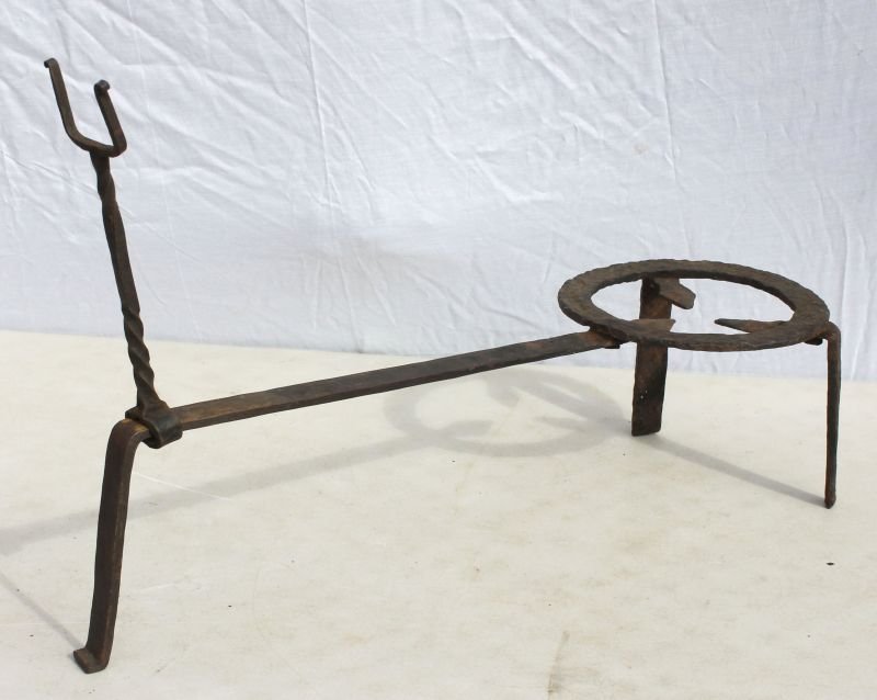 18thC iron trivet form pot holder w adjustable pot: 18thC iron trivet form pot holder w adjustable pot handle holder - 24" long x 8 1/2" deep x 16"tall