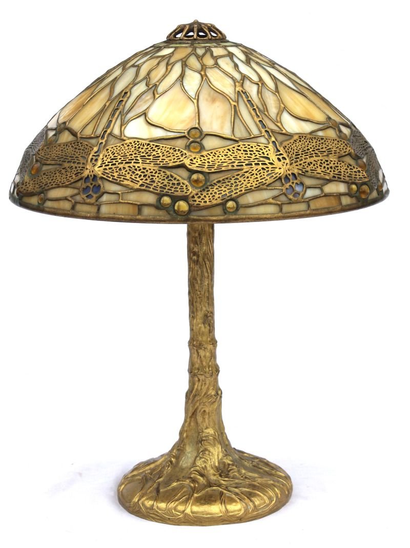 Important & spectacular sgnd Tiffany 14" dragonfly lamp: Important & spectacular sgnd Tiffany 14" dragonfly lamp on rare orig gold dore tree trunk base - it's exceedingly rare to have an example like this with its orig base, sockets & heat cap featuring the