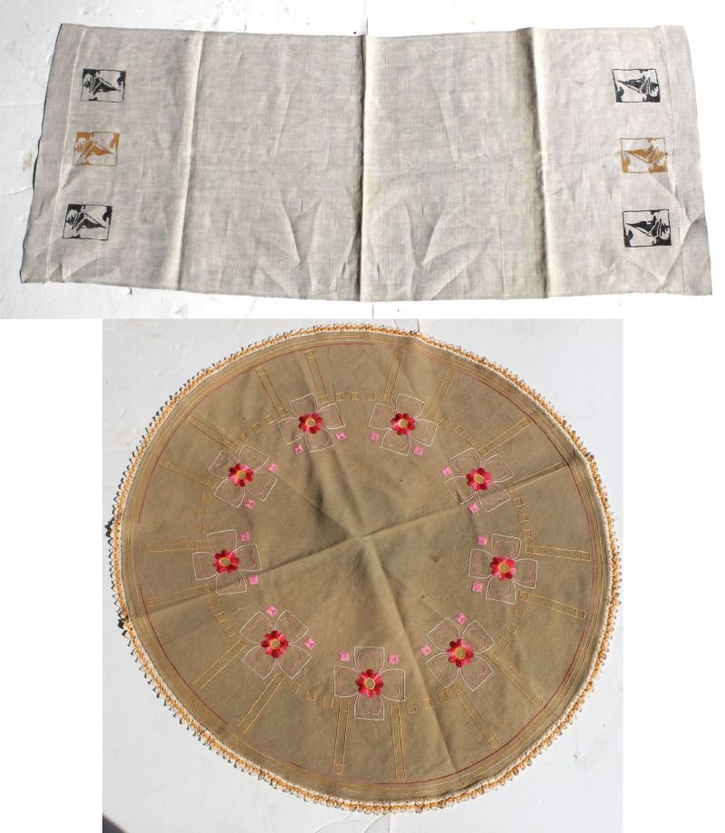 Ecelectic Arts & Crafts lot incl a stencilled table: Ecelectic Arts & Crafts lot incl a stencilled table runner & a needlework circular table cover together w 2 great cond fine stitched small rare Arts & Crafts trinket baskets
