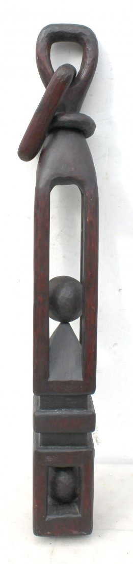 mid 19thC NH birch wonderful oversize carved Folk Art: mid 19thC NH birch wonderful oversize carved Folk Art whimsey w 2 caged balls & ring, hanging loop w rectangular swivel hanger, all carved from a single piece of wood - 36" tall