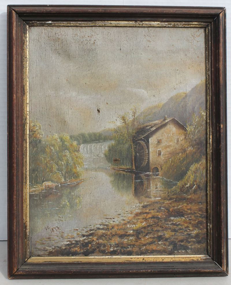 sgnd JC dated 1843 or 1873 15"x12" o/c mill scene w: sgnd JC dated 1843 or 1873 15"x12" o/c mill scene w waterfall, cows, etc - as found - needs a cleaning - could be Jasper Cropsey (J.C.)