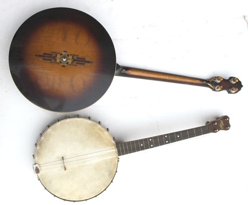 lot of 2 antique banjos - 1 by Vega & 1 by Mae Belle -: lot of 2 antique banjos - 1 by Vega & 1 by Mae Belle - both in orig cases & as found condition
