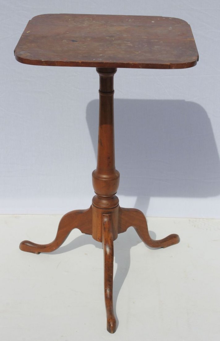 ca 1760 QA CT River Valley carved cherry candlestand w: ca 1760 QA CT River Valley carved cherry candlestand w shaped top in old surface