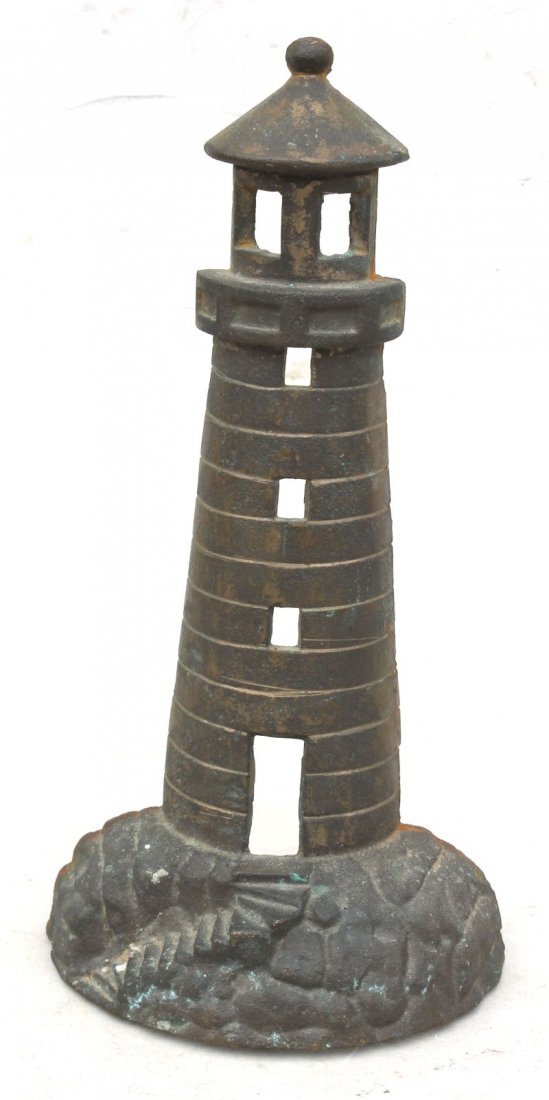 ca 1920 New England cast iron light house doorstop 1/2: ca 1920 New England cast iron light house doorstop 1/2 round form in orig bronzed surface - 12 1/4" tall